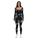 Ribbed Long Sleeve Sport Jumpsuits Women Tie Dye Yoga Jumpsuits Workout Bodycon Seamless Ribbed Yoga Workout Jumpsuit Romper