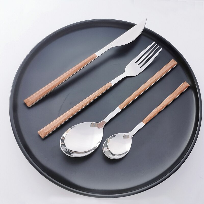 16/20/24Pcs 304 Stainless Steel Dinnerware Sets Glossy Silver Wooden Tableware Western Food Knife Fork Teaspoon Cubiertos