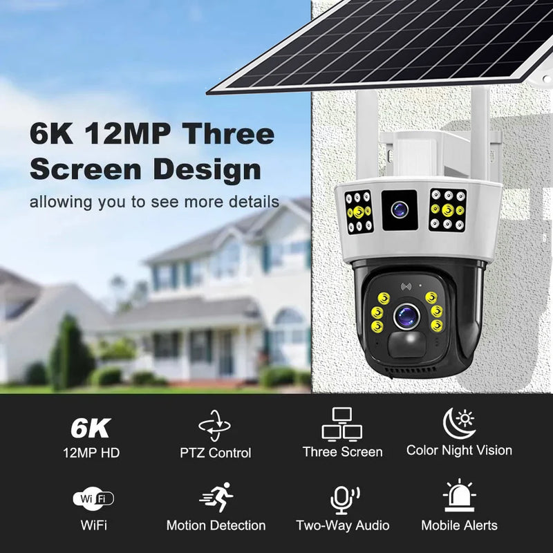 6K 12MP HD Solar Camera 4G SIM Card Wifi Outdoor IP Wireless Security CCTV Surveillance PTZ Night Vision PIR Human Detection Cam