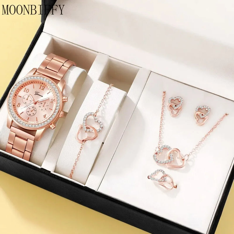 6PCS Set Rose Gold Luxury Watch Women Ring Necklace Earring Rhinestone Wristwatch Casual Ladies Bracelet Watches Reloj (No Box)