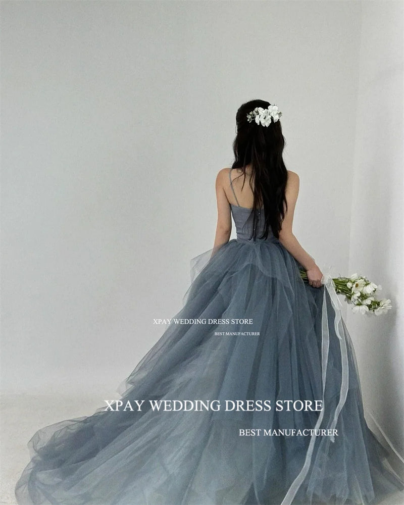 XPAY Dusty Blue Korea A Line Evening Dresses Photo Shoot Ruffles Tiered Fairy Tulle Evening Gown Customised Corset Prom Dress