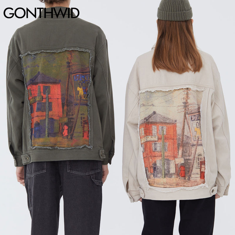 GONTHWID Hip Hop Denim Jacket Streetwear Mens Vintage Painting Ripped Jean Coats 2023 Harajuku Autumn Cotton Jackets Green Khaki