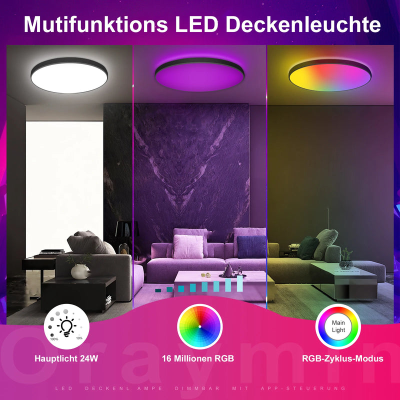 Oeegoo 24W Ceiling Light with Remote Control, 2400LM LED Lamp Controllable by App, Bedroom Lamp with 16 Million Colors, Ø30CM
