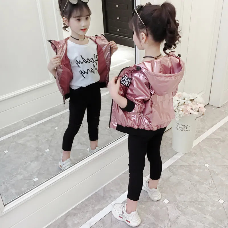 Fashion Shiny Baby Girl's Bomber Jacket New Spring Fall Baseball Jacket Girl Kids Bright Outerwear Tops Outfits Windbreaker Coat