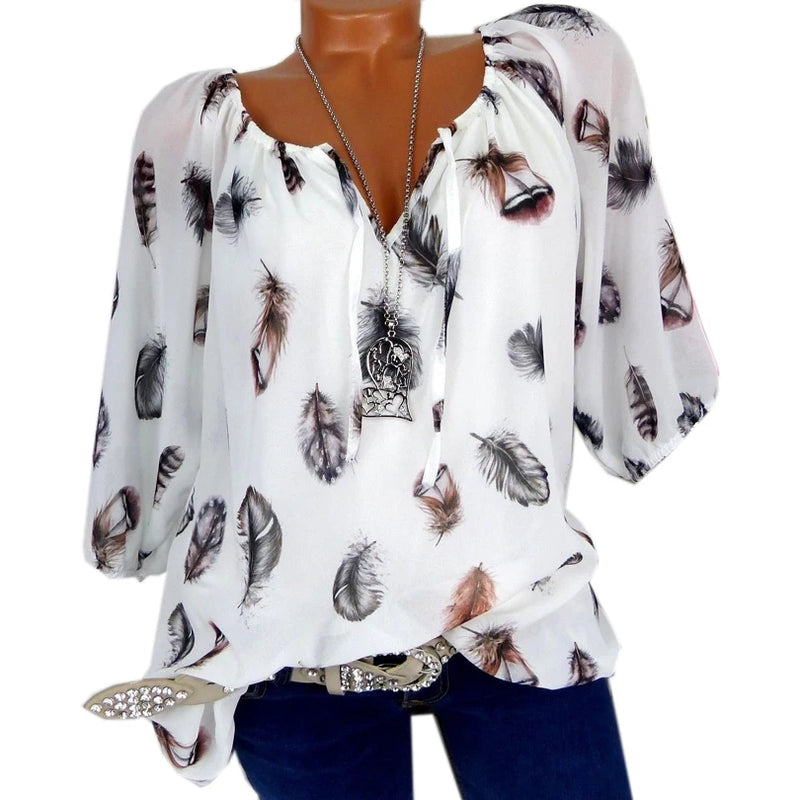 Fashion Women's Blouses Summer Tops Casual Blouse White Loose Feather Print V Neck Half Sleeve Shirts Blusas 5XL Plus Large Size