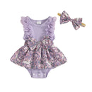 Toddler Girls Floral Print Romper Dress with Lace Ruffles and Matching Headband for Easter Celebration and Photoshoots
