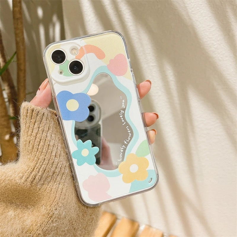 Cartoon Flower Mirror Make Up Case for iPhone 15 14 13 Pro Max 12 11 Camera Protection Shockproof Soft Cover for iPhone 15Pro