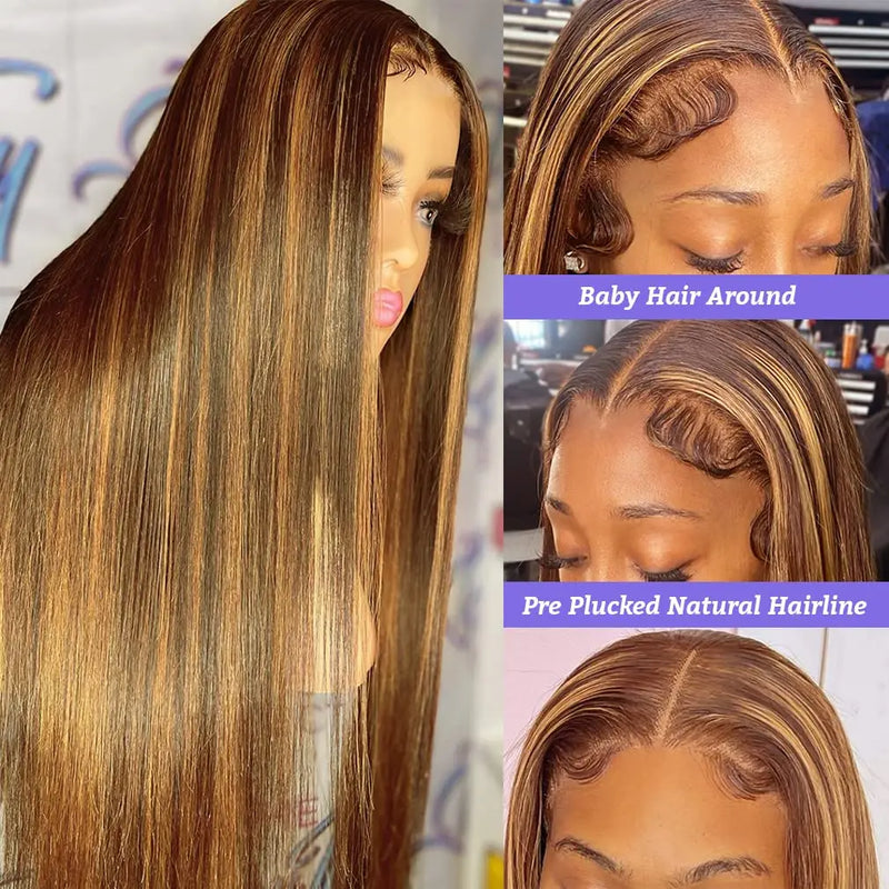 Highlight Ombre Lace Front Wig Human Hair 13x4 Straight 4/27 Honey Blonde HD Lace Front Wig Human Hair Pre Plucked 180% Density