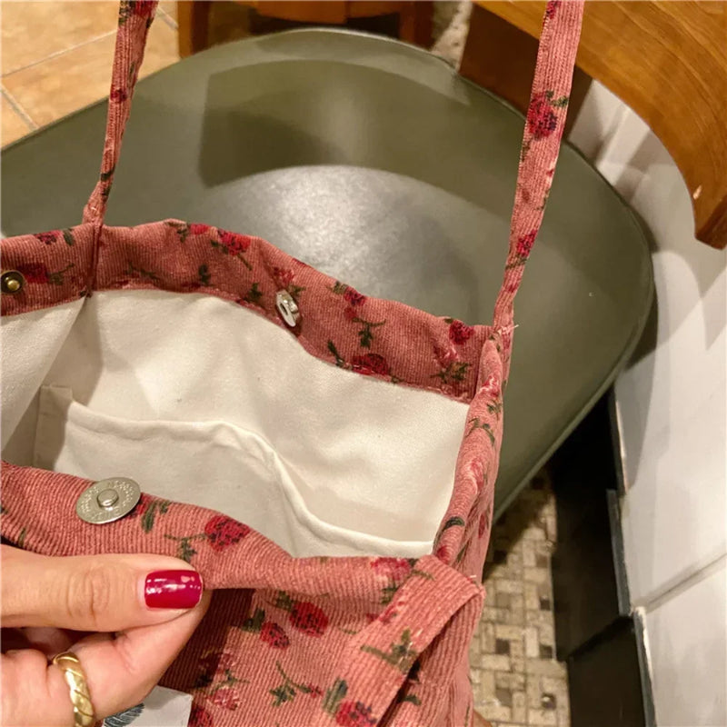 Bags for Women 2023 Corduroy Snap Button Shoulder Bag Large Capacity Reusable Shopping Bag Literary Buckle Tote Female Handbags