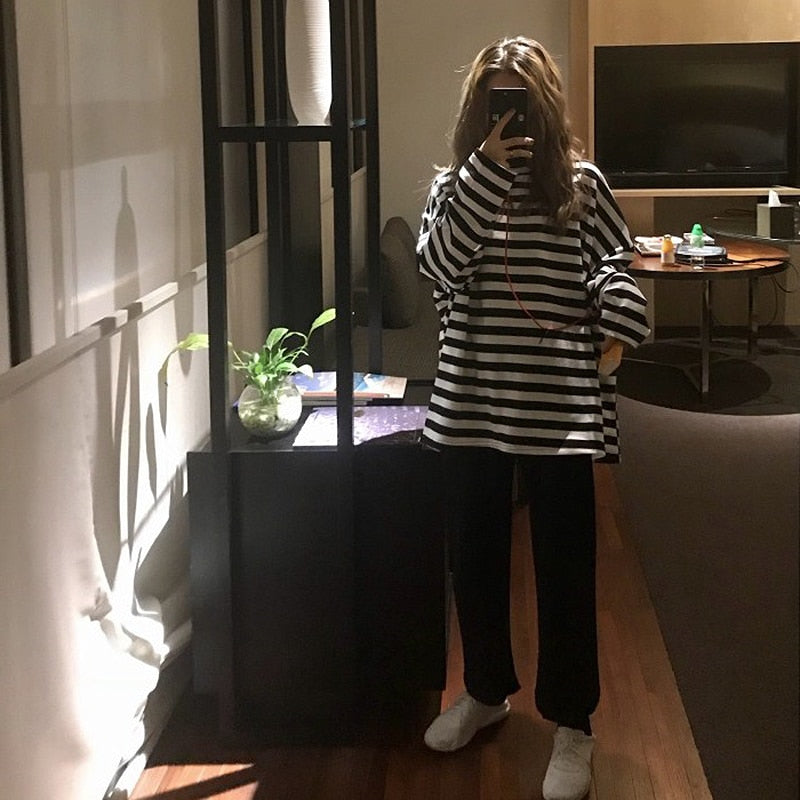 spring Autumn Women harajuku Striped Tshirt Long Sleeve O-Neck T-Shirts ulzzang Korean Casual oversized T Shirt Femme black Tops