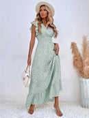 Msfilia V-neck Lotus Leaf Edge Elegant Dress Women Spring Summer Printed Long Dress