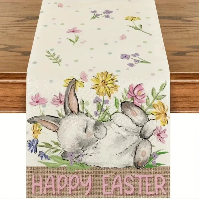 2024 Easter Rabbit Table Runner Linen Bunny Dining Table Cloth Placemat Spring Holiday Happy Easter Decoration For Home Kitchen