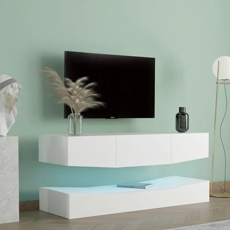 Floating TV Stand with 3 Drawers and LED Lighting TV Cabinet with Open Shelves High-Gloss Console Table Storage Cabinet