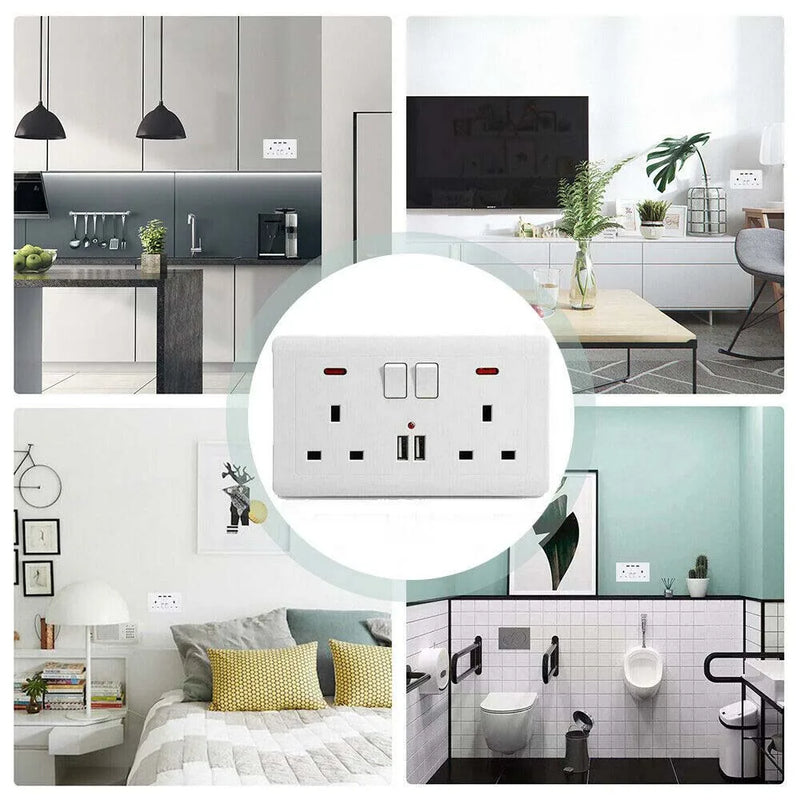 Double Wall Plug Socket 2 Gang 13A w/ 2 Charger USB Ports Outlets Flat Plate UK