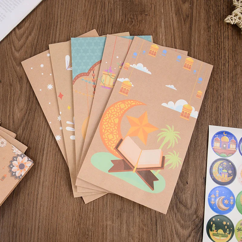 12pcs Ramadan Kraft Paper Gift Bag with Stickers Eid Mubarak Candy Cookie Packaging Bag 2025 Islamic Muslim Party Decor Supplies