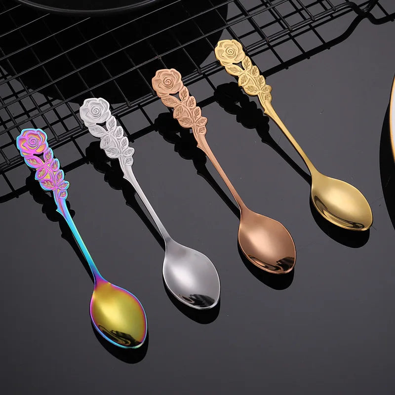 304 Stainless Steel Teaspoon with Rose Flower Handle Mini Tea Coffee Dessert Ice Cream Stirring Spoon Fork Kitchen Utensils