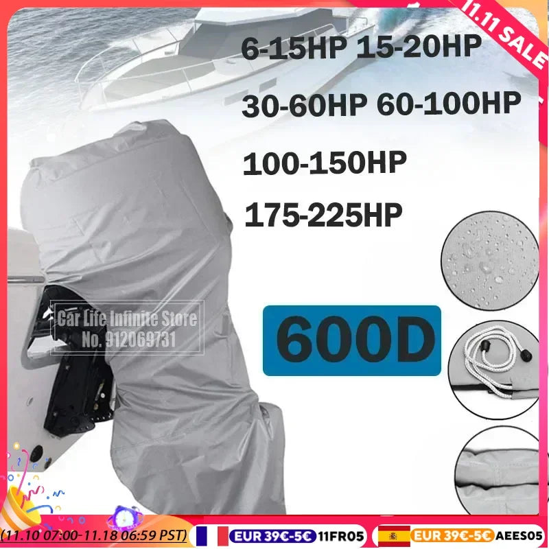 600D 6-225HP Full Outboard Motor Engine Boat Cover Grey Waterproof Anti-scratch Heavy Duty Outboard Engine Protector