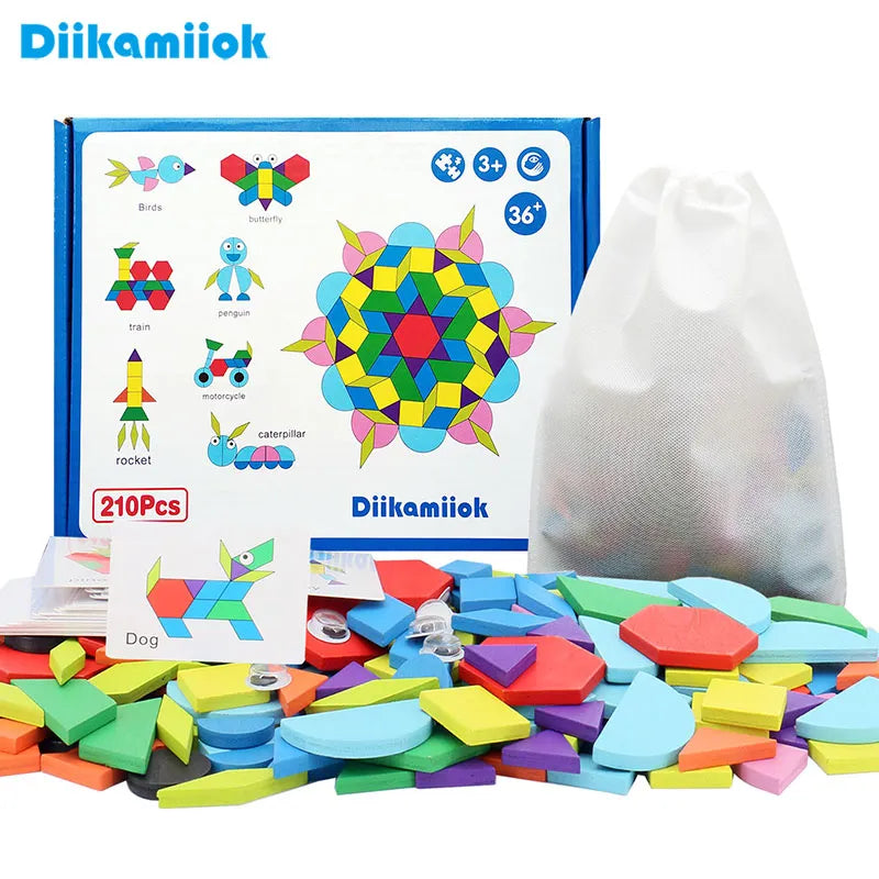 Diikamiiok Wooden 3D Puzzles Geometric Shape Tangram Jigsaw Puzzle Kids Wood Toy Baby Montessori Educational Toys for Children