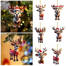 2D Acrylic Cartoon Fawn Christmas Tree Pendant Christmas Cartoon Cute Christmas Hat Fawn Print Easter Decorations