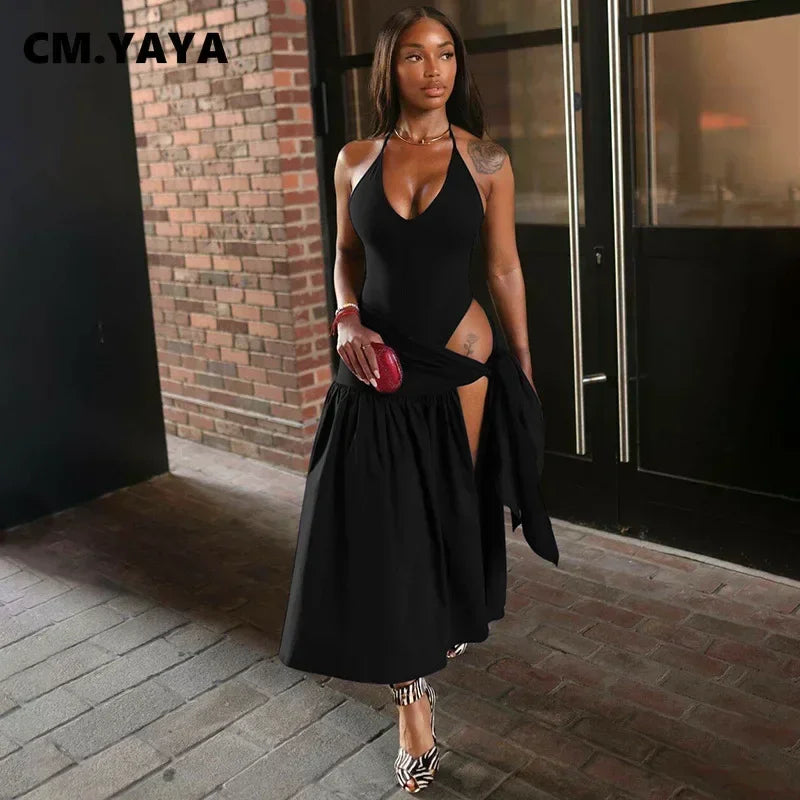 CM.YAYA Elegant Women's Set Sleeveless Strap Bodysuit +Long Skirts Set Autumn Tracksuit Sexy 2024 Tie Up Two 2 Piece Set Outfits