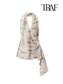 TRAF Women Fashion Casual Backless Tie-Dye Top Set Vintage Neck Tie-Dye V-Neck Top Elegant Drawstring High-Waisted Wide-Leg Pant