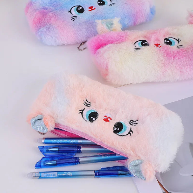 Cute Rainbow Gradient Color Cartoon Cat Plush Pen Bag Large Capacity Pencil Case Girl Stationery Storage Back To School Supplie