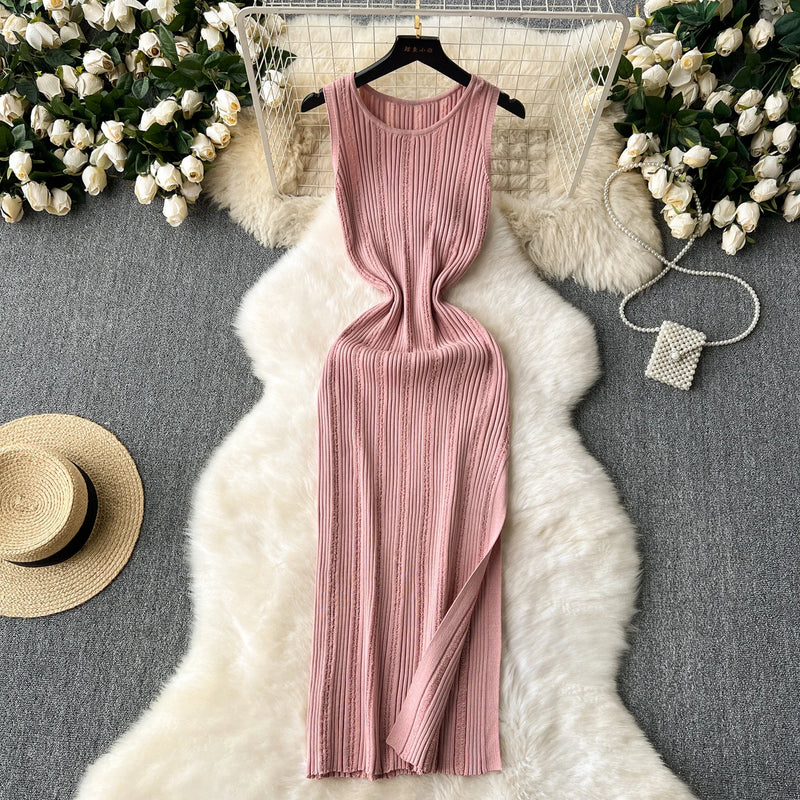 Green New Summer Knit Sexy Strap Dress Women Tank Elatic Waist Bodycon Sundress Female Beach Split Maxi Long Dress