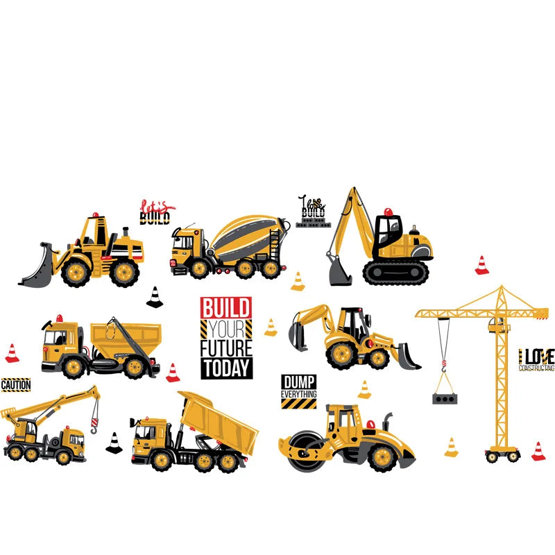 Cartoon Building Construction Vehicle Wall Sticker Home Decor Build Your Future Crane Excavator Kids Boy Bedroom Decor Decals