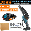 Jemi Tool 6 inch portable cordless rechargeable electric chain saw with two batteries, wood cutter, garden orchard pruning tool