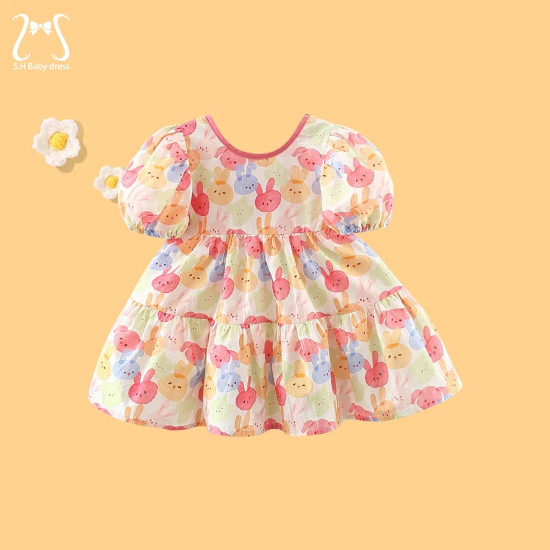 Cartoon Colorful Baby Girls Dresses Puff Sleeves Summer Children's Clothes Cute Rabbit Toddler Kids Costume For 0 To 3 Years Old