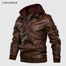 CARANFIER Mens PU Hooded Jackets Coats Motorcycle Biker Faux Leather Jacket Men Classic Winter Coat Clothes  European Size