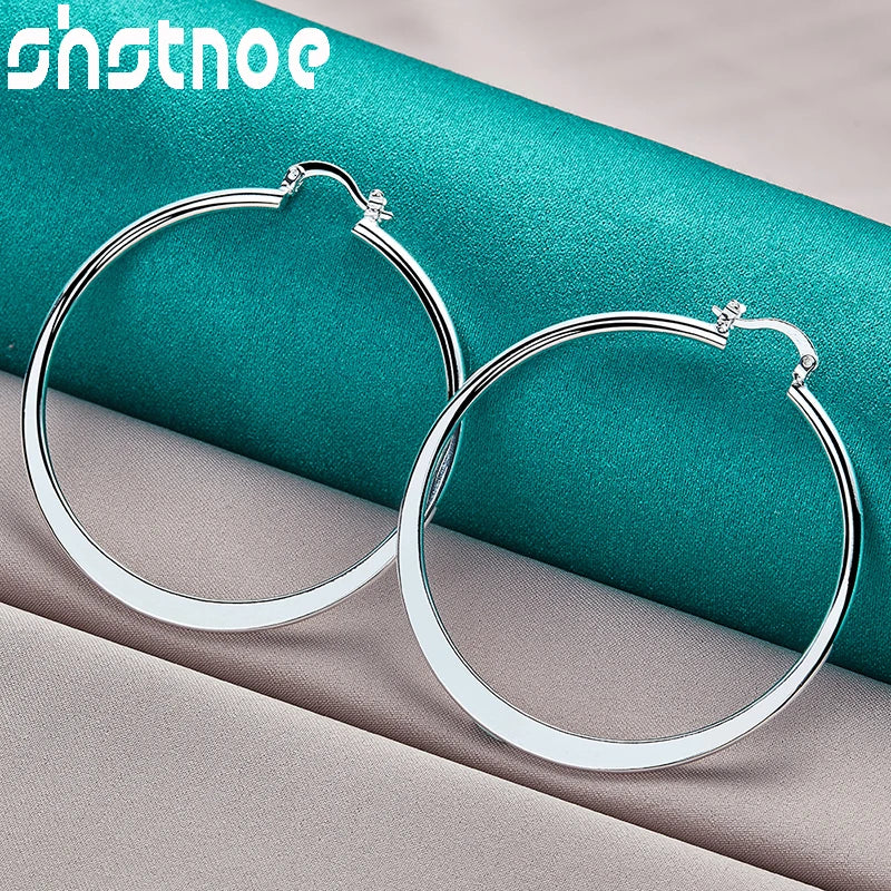 SHSTONE 925 Sterling Silver 55mm Smooth Round Hoop Earrings For Women Party Engagement Wedding Birthday Gift Fashion Jewelry