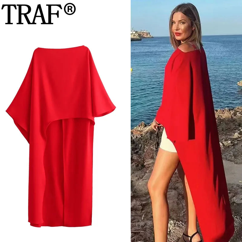 TRAF Asymmetric White Woman Blouse Cape Red Long Blouse For Women Streetwear Beach Elegant Blouses Summer Loose Blouses Woman