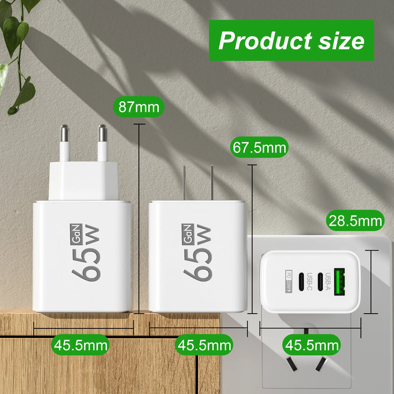 65W GaN USB Fast Charging Type C PD Charger Quick Charge Mobile Phone Power Adapter for iPhone 14 15 Pro Xiaomi Samsung Oneplus