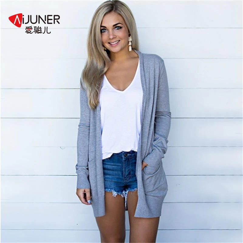 Women Thin Cardigan Sweater Cotton Pocket Tops Long Sleeve Open Stitch Overcoats Loose Sweaters Tunic Female Casual Casaco Femme