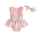 Toddler Girls Floral Print Romper Dress with Lace Ruffles and Matching Headband for Easter Celebration and Photoshoots