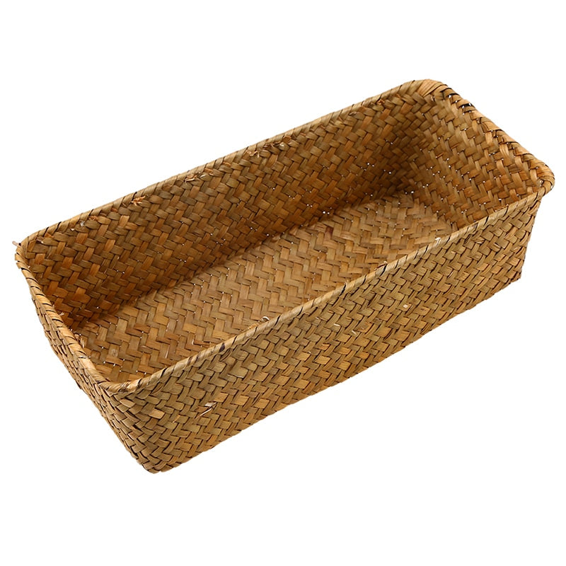 WHISM Handmade Wicker Storage Basket Rattan Fruit Tea Storage Box Holder Seagrass Picnic Basket Wickerwork Cosmetics Organizer