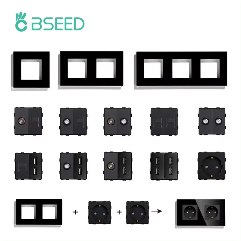 BSEED EU Glass Panel and USB Socket CAT5 RJ45 PC TV ST  DIY Function Parts Electrical Outlets Free Combination Wall Mounted