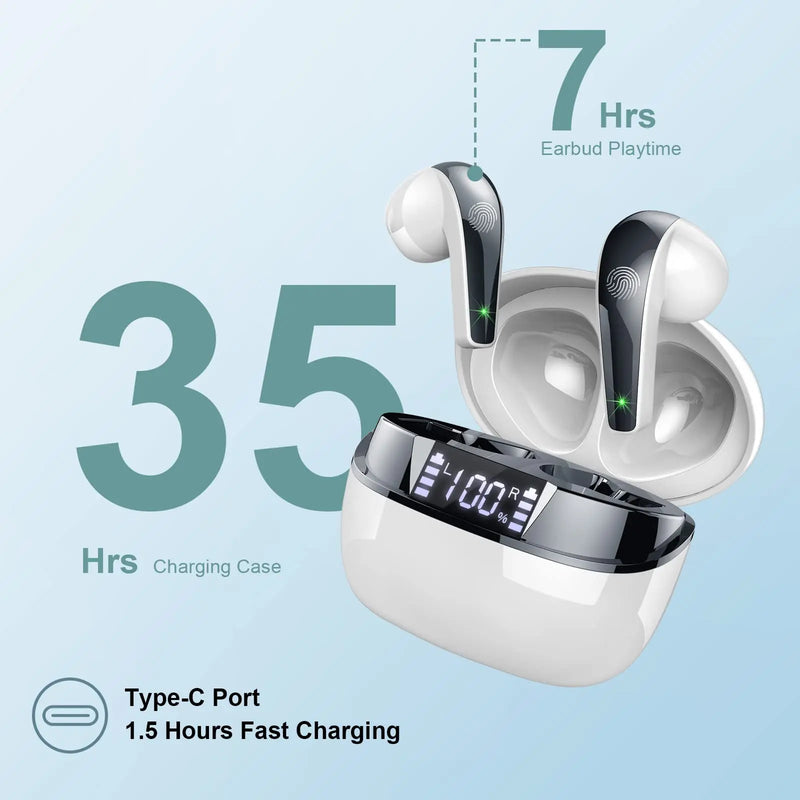 Wireless Earbuds, Bluetooth 5.3 Headphones In Ear with Dual Mic, 35H Wireless Earphones Sport with ENC Noise Canceling Mic.