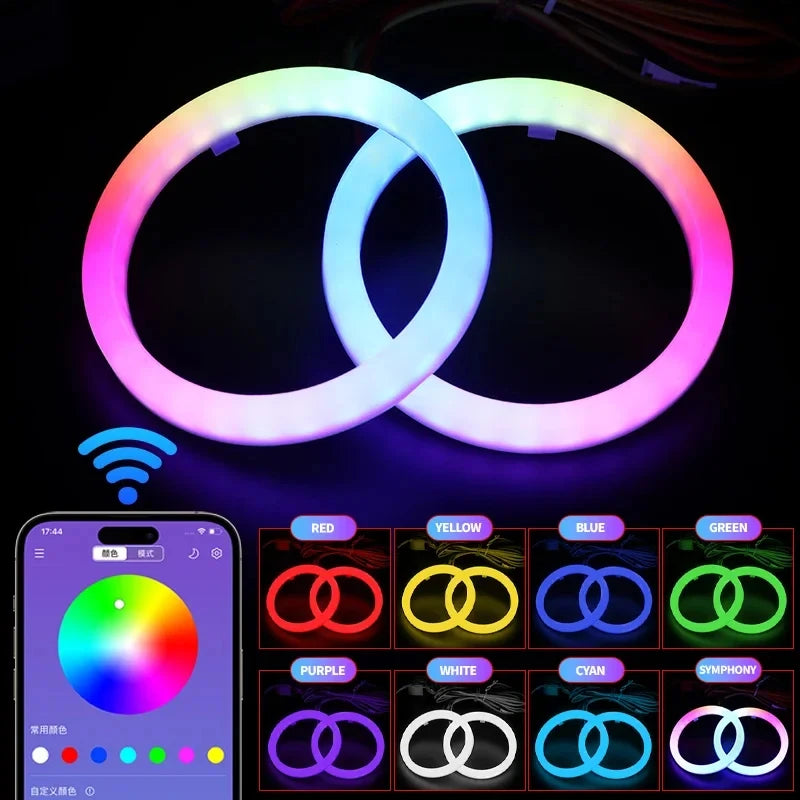 4PCS RGB Cotton LED Angel Eyes Halo Rings 60mm 70mm 80mm 120mm LED Headlight Lamps Decorative For Car UTV DRL APP Control 12V