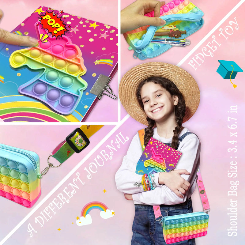 Pop Notebook for Kids, Fidget Journal Set Includes Diary with lock Pink Fashion Bracelet 6 Multicolor Ball Pen & Pop Pencil Case