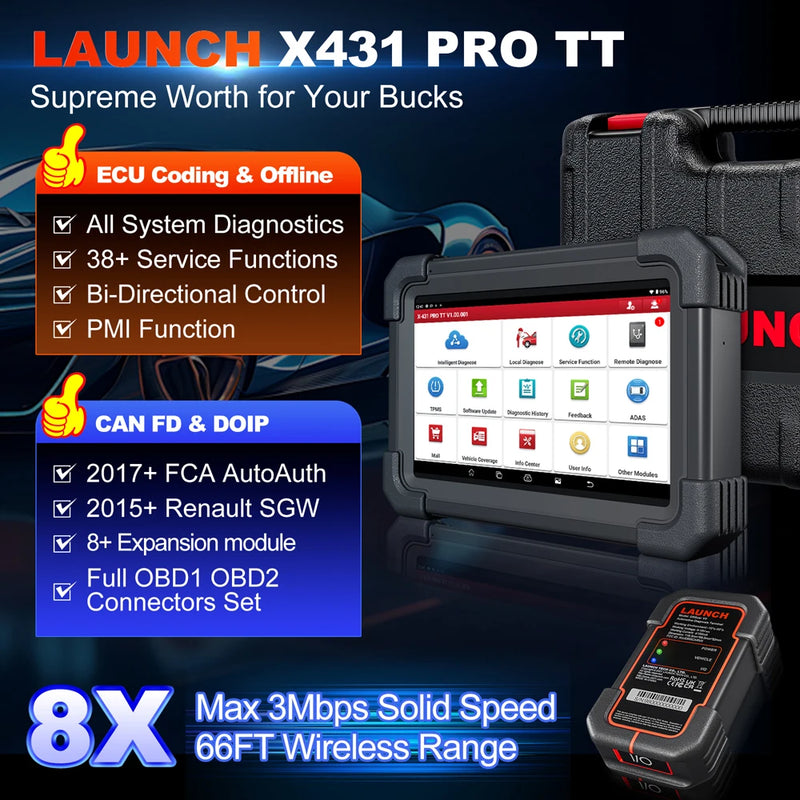 2025 LAUNCH X431 PRO TT V5.0 Car Diagnostic Tools CAN FD/DOIP/OBFCM Auto All System Scanner Bidirectional ECU Coding 38+ Reset