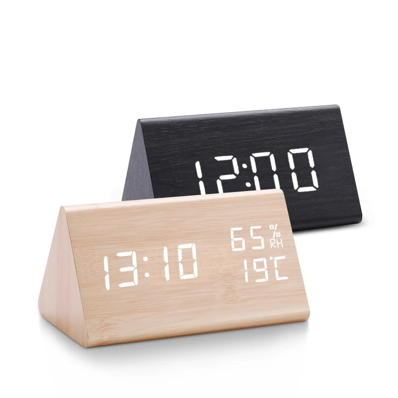 Voice Control Wooden Alarm Clock Smart LED Digital Clock for Bedside Table Decor Electronic Desk Clock with Temperature Humidity