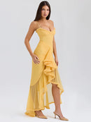 Mozision Ruffled Draped Ruched Sexy Maxi Dress For Women Yellow Spaghetti Strap Sleeveless Backless Club Party Sexy Long Dress