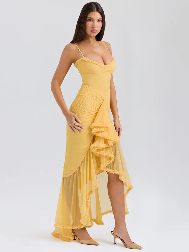 Mozision Ruffled Draped Ruched Sexy Maxi Dress For Women Yellow Spaghetti Strap Sleeveless Backless Club Party Sexy Long Dress
