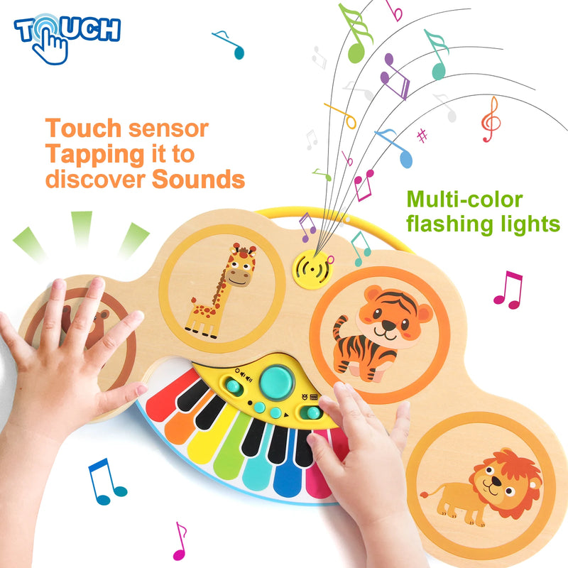 Wooden 2in1 Keyboard Piano Clapping Drum with Light & Music Cartoon Animals Music Toys Educational Toys for 12 months Baby Gifts