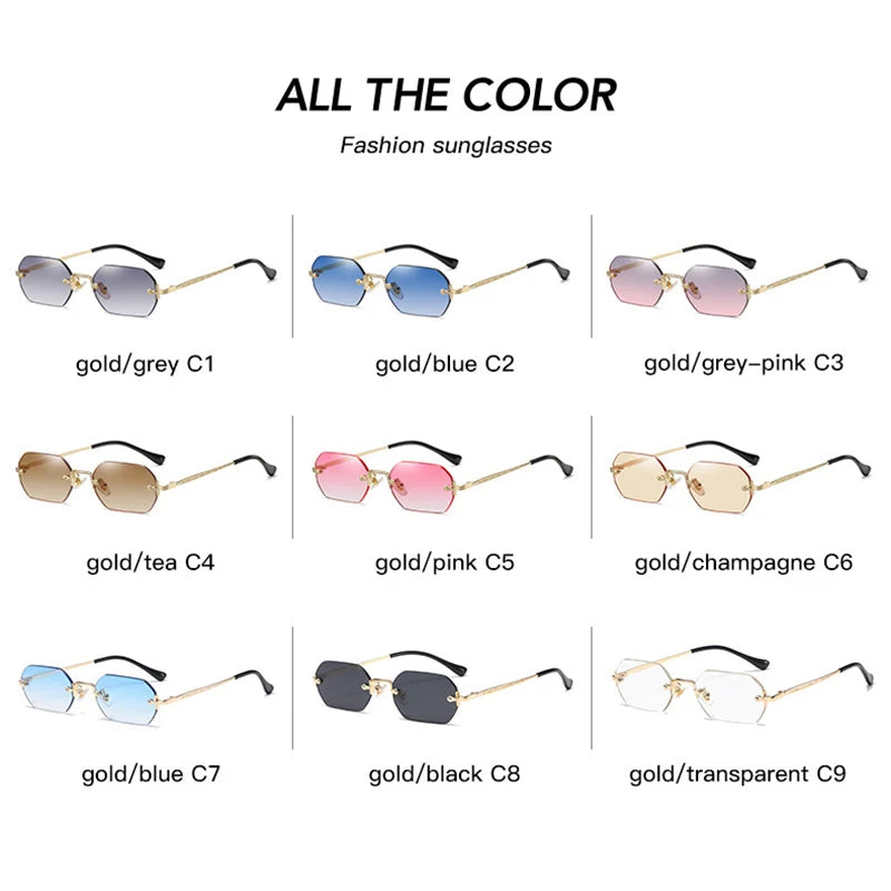 Rimless Rectangle Sunglasses Small Men Glasses Women Metal Gold Polygon Blue Shades 2022 UV400 Frameless
