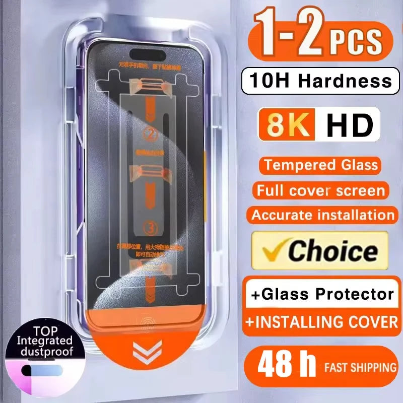 1-2pcs 8K HD Tempered Glass Film For iPhone 16 14 13 12 11 15 Pro Max X XS Max XR 7 8 Plus SE Screen Protector Auto-Dust Removal