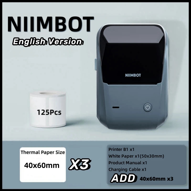 Niimbot B1 English Label Printer Portable Handheld Thermal Printer Mini Barcode QR Code Sticker Paper Color Rolls Maker Cable