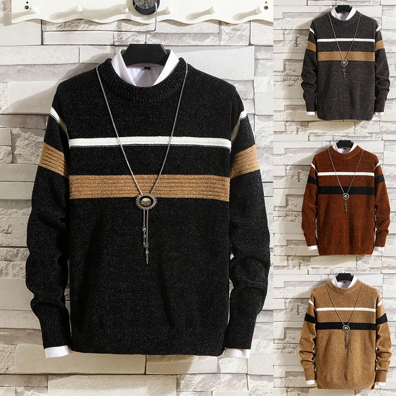 Autumn and Winter Sweaters Men's Round Neck Stripe Contrast Chenille Elastic Casual Versatile Solid Knit Pullover Top